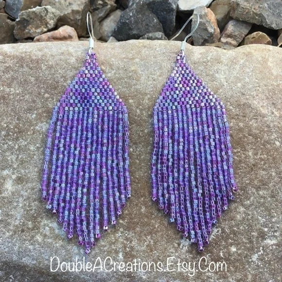 Purple Rainbow Lined Beaded Earrings with Fringe, New, Handmade By Me - Picture 3 of 7